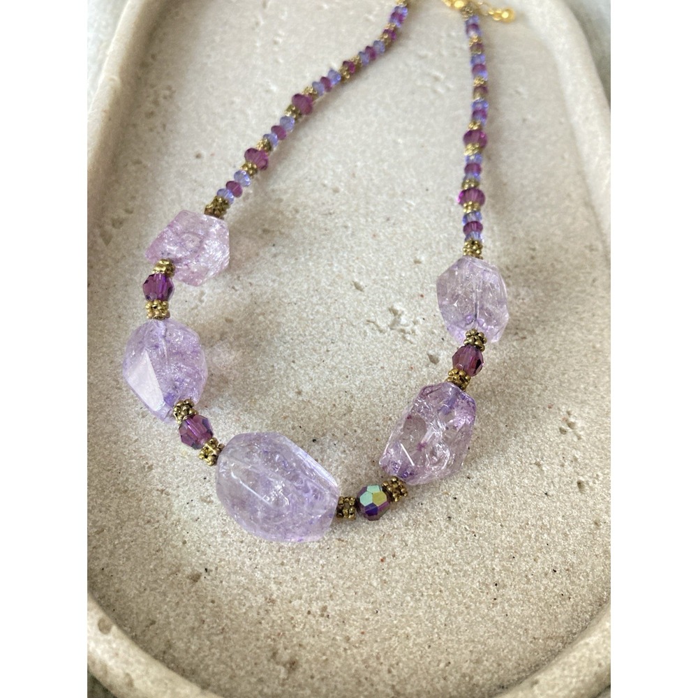 Romantic Purple Crackle Glass Bead Necklace Gold Tone Spacer Lavender Collar